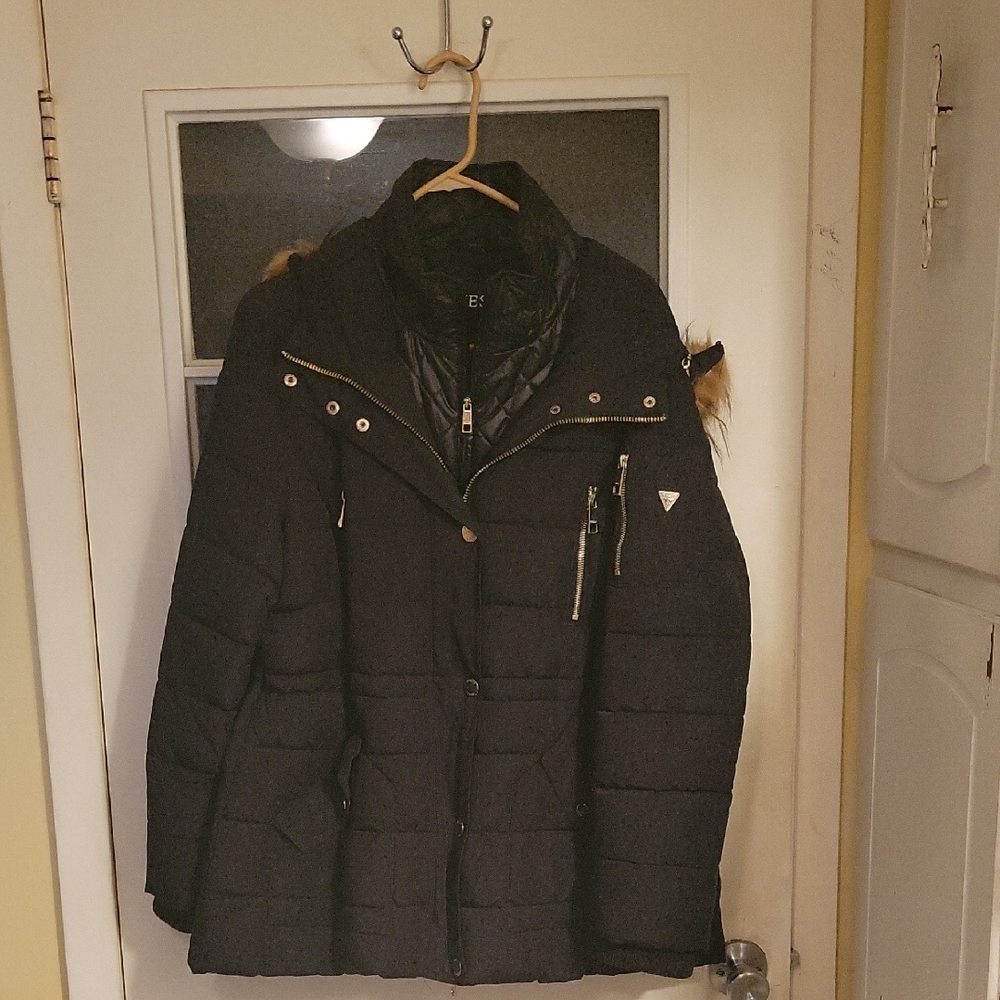 Guess Black Puffer Jacket with Fur Trim